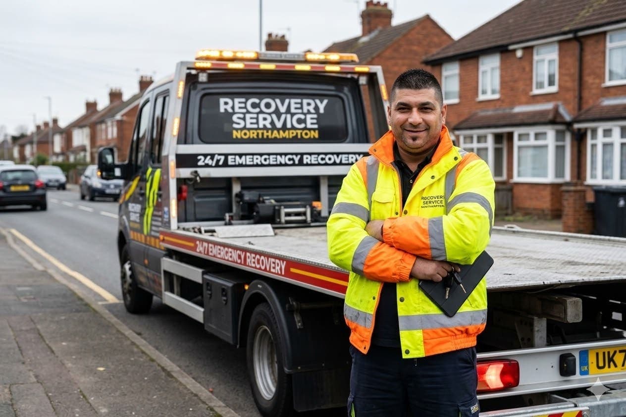 Local recovery operator standing beside a recovery truck in Northampton
